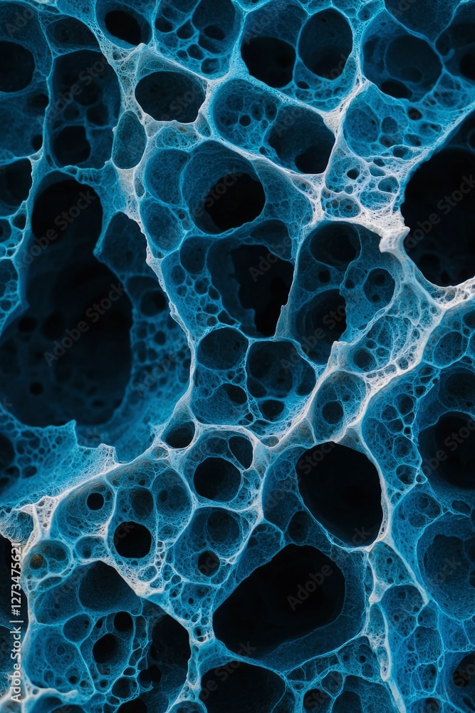 Microscopic blue sponge-like material viewed close-up, background blurred abstract shapes Microscopic blue sponge-like material viewed close-up, background blurred abstract shapes