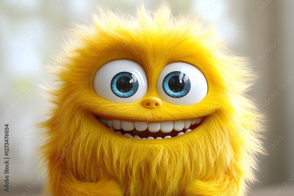 Fototapeta premium Fluffy Sunshine: Adorable Yellow Furry Monster 3D Cartoon Character
