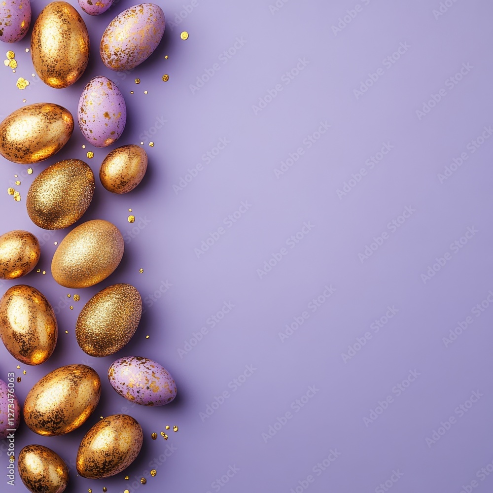 Obraz premium Purple Easter eggs in a frame, photographed from above with space for text