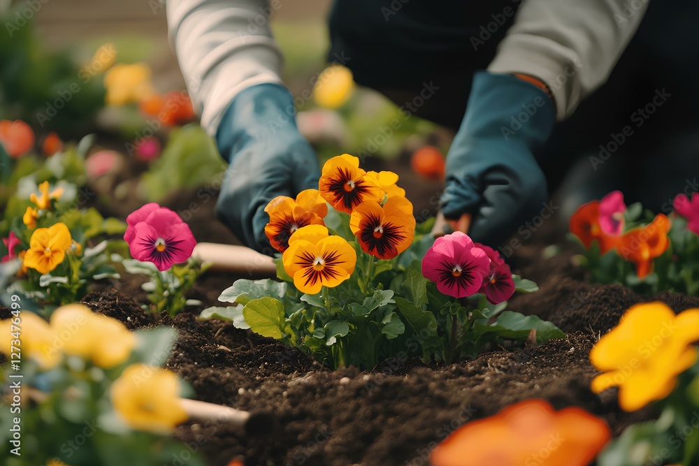 Gardening enthusiast planting colorful pansies in a vibrant flower bed during a sunny afternoon
