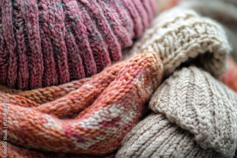 A collection of colorful sweaters and hats captured in a tight shot A collection of colorful sweaters and hats captured in a tight shot