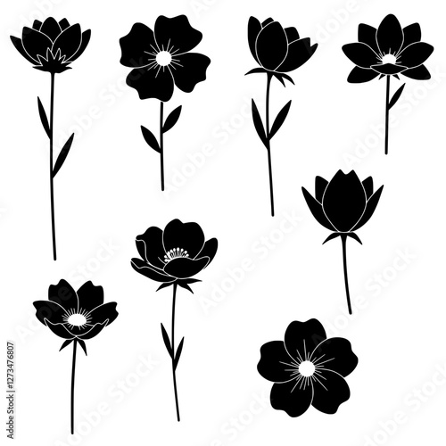 Floral Silhouettes: A collection of elegant floral silhouettes, each showcasing unique petal arrangements and delicate stems, offering a versatile resource for artistic designs.
