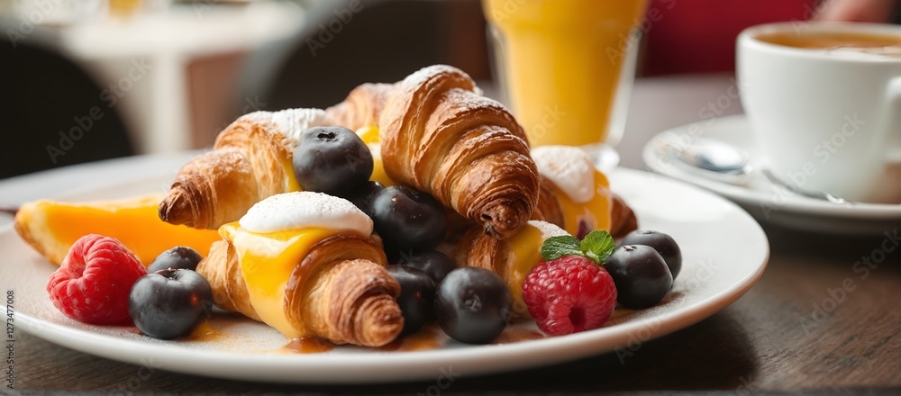 Breakfast, cup of coffee and croissant on table in cafe. Breakfast, cup of coffee and croissant on table in cafe.