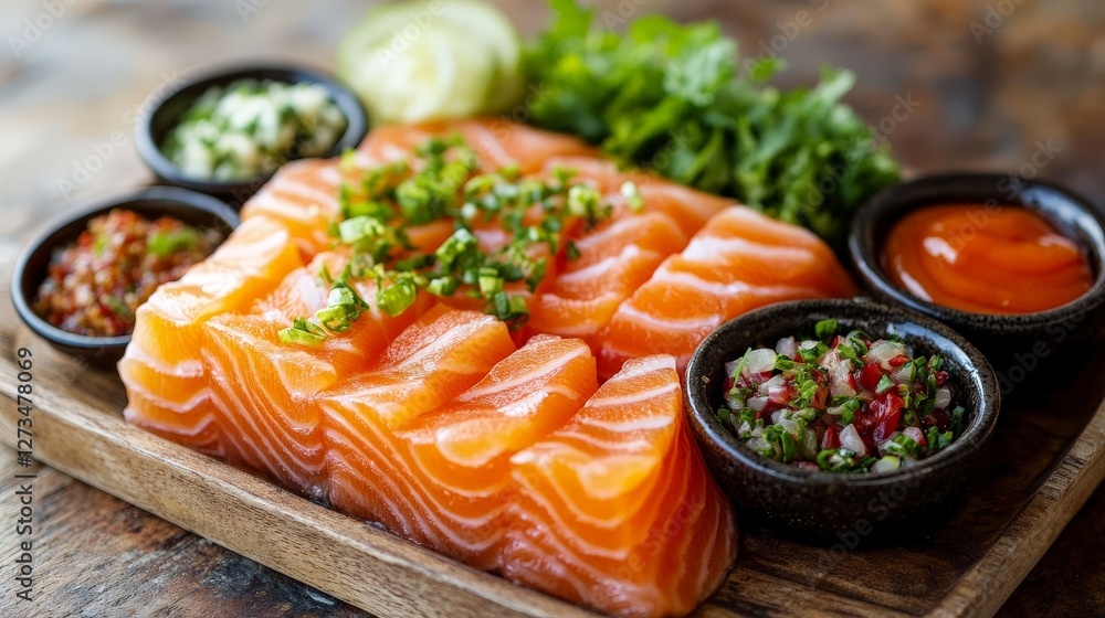Fresh salmon sashimi served with various sauces and garnishes on a wooden platter. Fresh salmon sashimi served with various sauces and garnishes on a wooden platter.