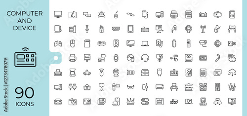 Computer And Device minimal icon set. Containing office, game, technology, business, work and more. Icon design. Editable stroke. Vector illustration.