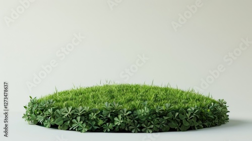 Podium with green plants and grass on light background with space for product display, eco concept