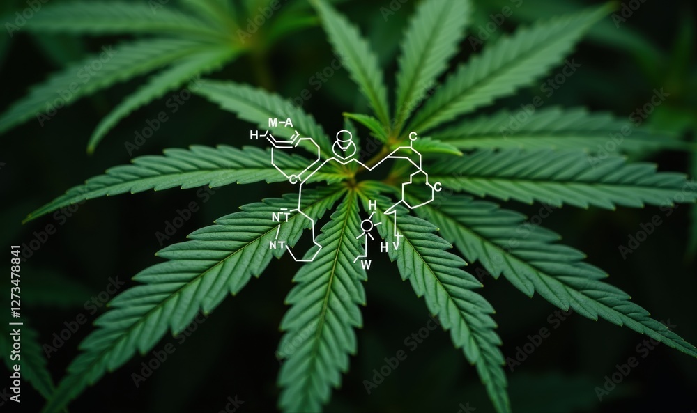 Explore the relationship between nature and science with this image of cannabis leaves featuring chemical structures, perfect for health, wellness, and botanical studies. Explore the relationship between nature and science with this image of cannabis leaves featuring chemical structures, perfect for health, wellness, and botanical studies.