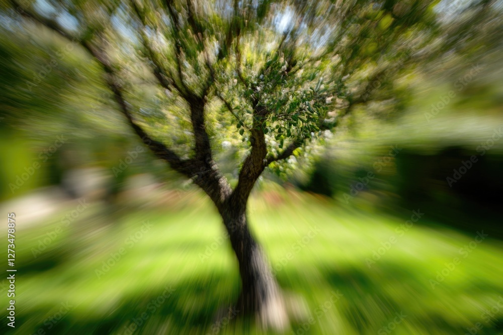 Fototapeta premium A blurry image of a tree in a green area with grass and possibly some benches