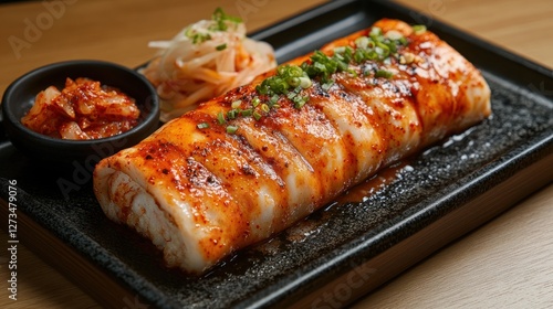 Grilled Korean BBQ squid roll served on black plate with kimchi, restaurant setting photo