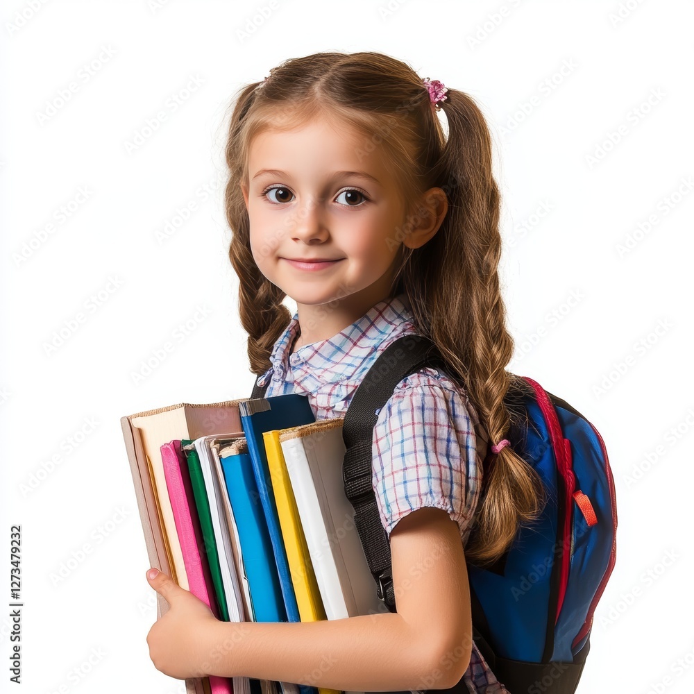Young female student with books and backpack isolated
