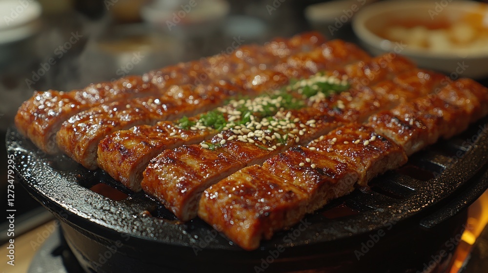 Grilled eel, sizzling on hot plate, restaurant setting, food preparation Grilled eel, sizzling on hot plate, restaurant setting, food preparation