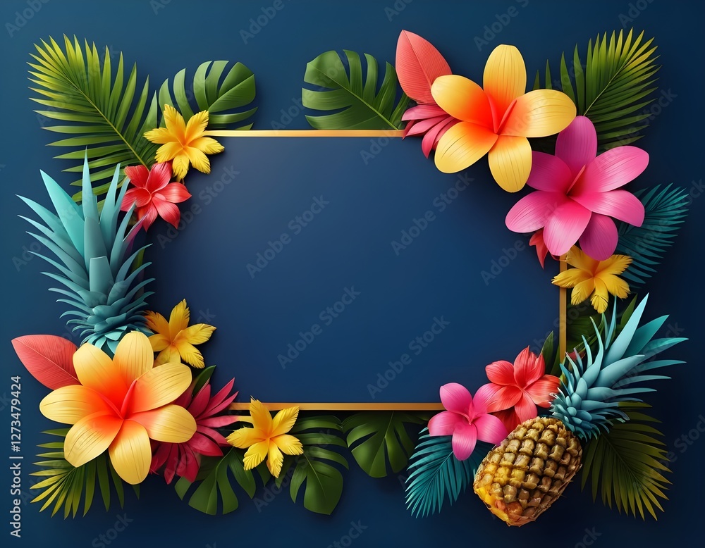 Fototapeta premium Tropical Summer Frame with Pineapples and Flowers