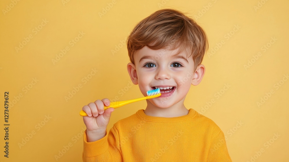 Happy Child Brushing Teeth with Yellow Brush Against Yellow Background Happy Child Brushing Teeth with Yellow Brush Against Yellow Background