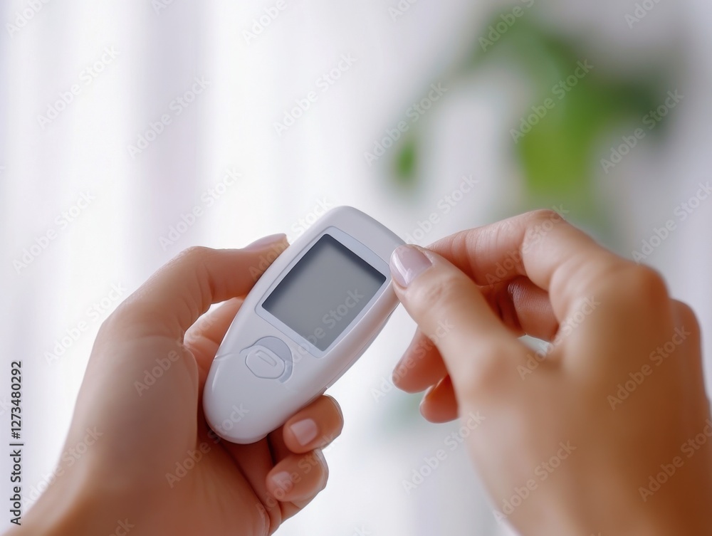 A person adjusting settings on a digital glucometer. Featuring precision and technology A person adjusting settings on a digital glucometer. Featuring precision and technology
