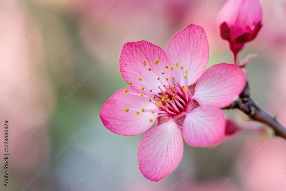 Obraz premium A close-up shot of a pink flower blooming on a branch, great for gardening or nature-themed designs