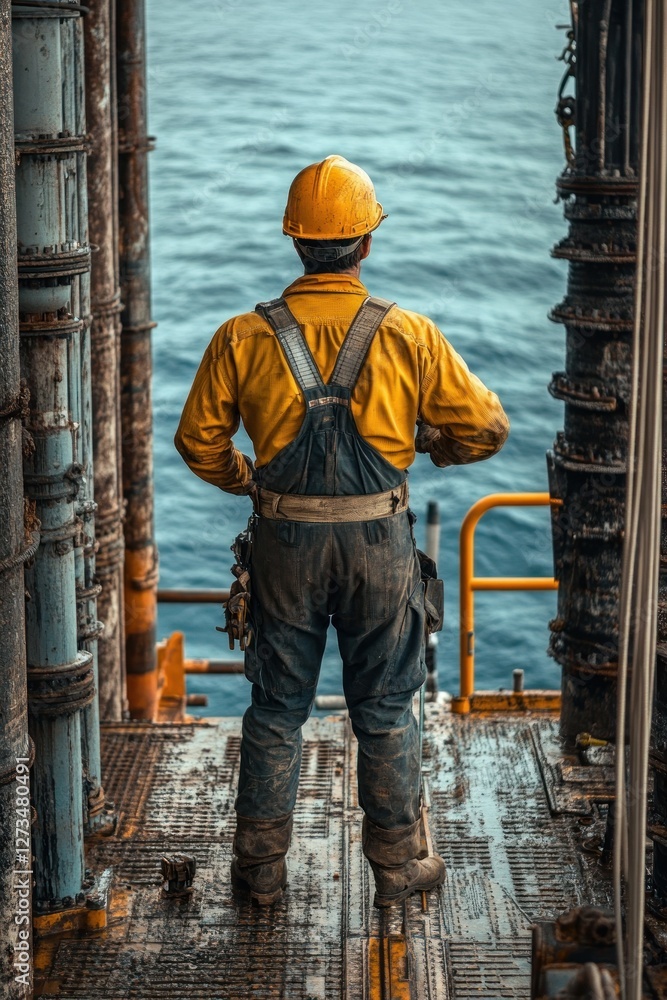 Worker on offshore platform overlooking ocean view Worker on offshore platform overlooking ocean view
