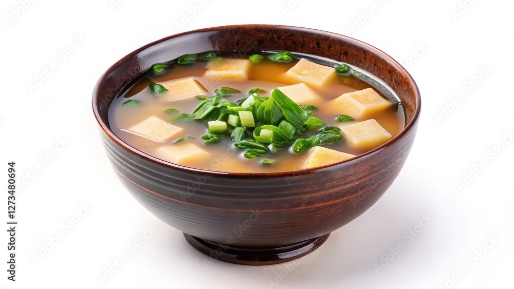 Miso Soup with Tofu and Scallions in Bowl Miso Soup with Tofu and Scallions in Bowl