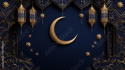 Elegant crescent moon and lanterns on ornate dark background Laylatul Qadr photo