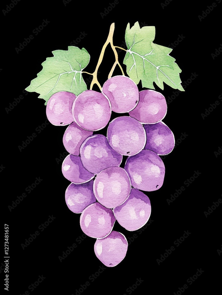 Fototapeta premium Watercolor Painting of Purple Grapes Still Life on Black Background Art Print