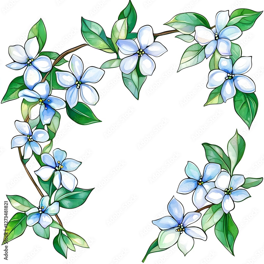 Obraz premium a delicate watercolor illustration of a floral branch with light blue flowers and vibrant green leaves, arranged in a corner frame