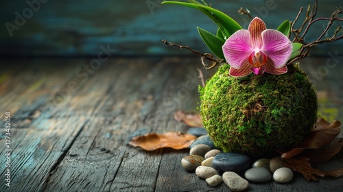 Elegant pink orchid in moss kokedama on rustic wooden surface with pebbles