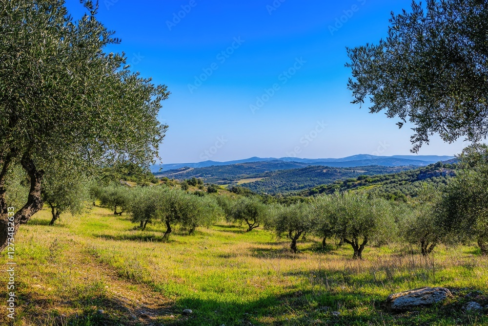 Fototapeta premium A serene open field with a distant mountain range and tree-covered hills, perfect for use as a background or scenic element
