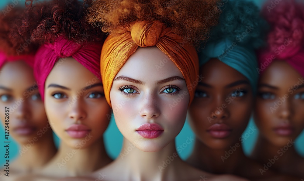 Obraz premium Five Women with Curly Hair and Colorful Head Wraps in Soft Lighting
