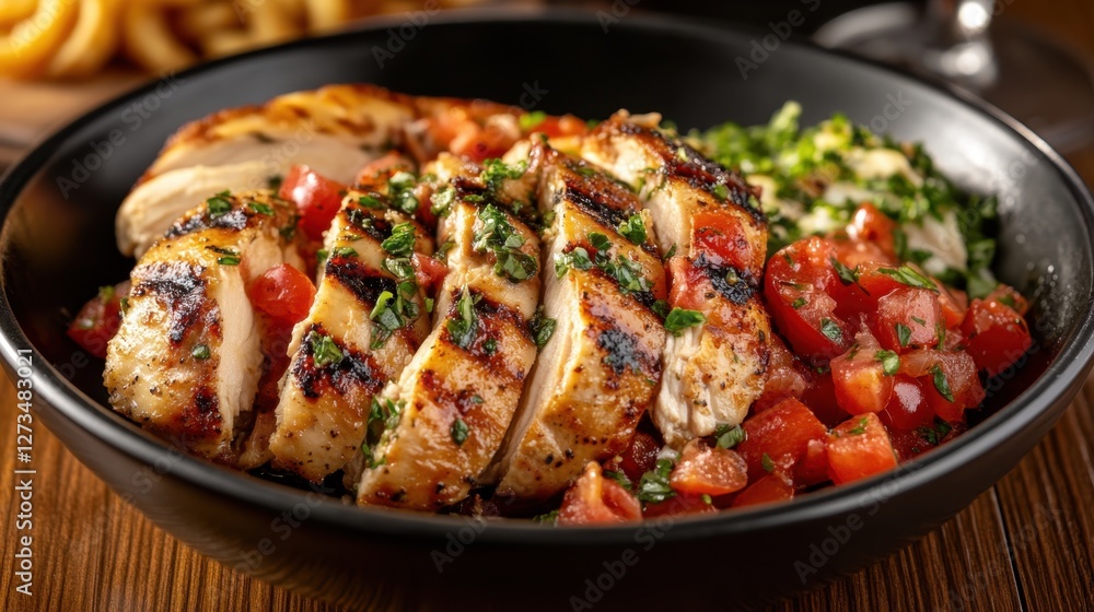 Grilled chicken with fresh tomato and herb salad in black bowl Grilled chicken with fresh tomato and herb salad in black bowl