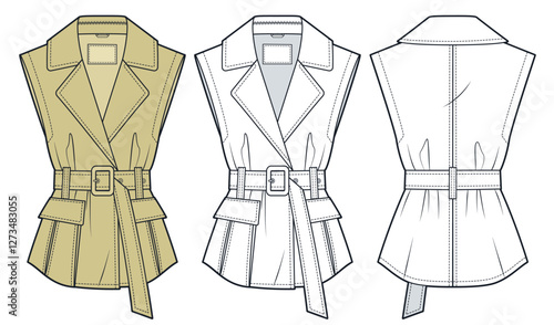 Sleeveless Trench Vest Technical Fashion Illustration. Vest Jacket with Belt fashion flat technical drawing template, front, back view, sleeveless, pockets, white, beige, women, men, unisex CAD mockup