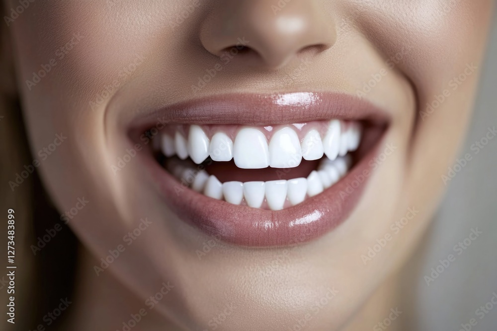 A close-up view of a woman's smiling face, showcasing her white teeth A close-up view of a woman's smiling face, showcasing her white teeth
