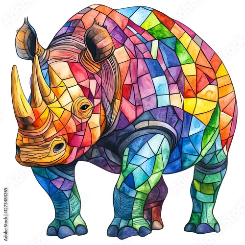 a vibrant and colorful rhino illustration, showcasing an artistic, mosaic-like design