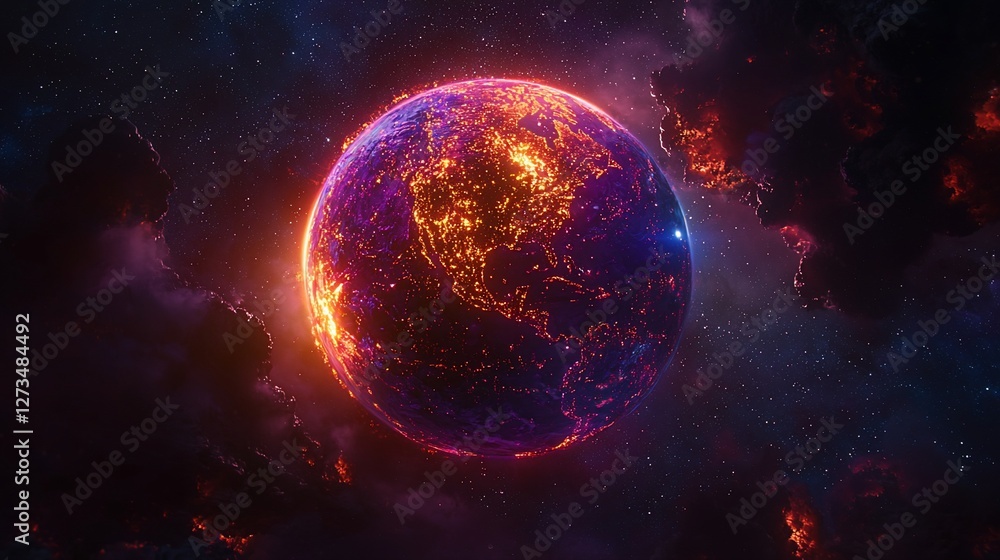 Obraz premium Burning planet Earth in space, fiery cosmic landscape.