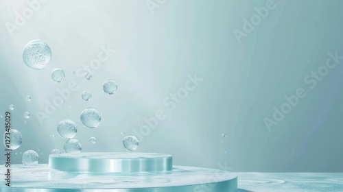 Transparent water bubbles floating over turquoise podium. Cosmetic product display platform background, moisturizing concept