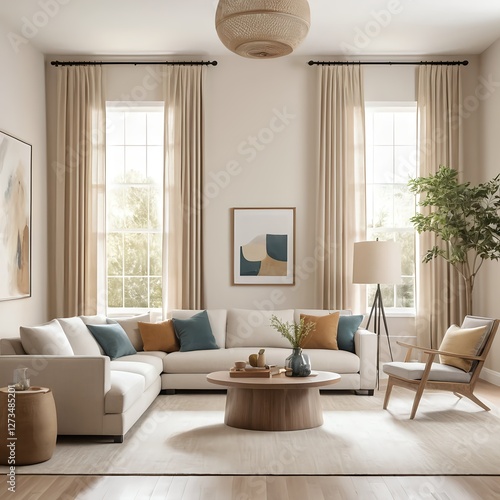 Modern Beige Living Room Interior with L-Shaped Sofa