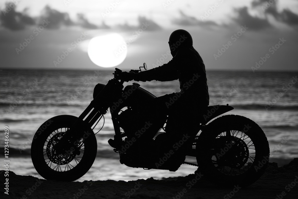 Fototapeta premium A person rides a motorcycle on the sand dunes, with a calm ocean in the background