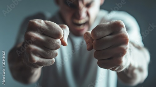 Withdrawal symptoms cause intense irritability. A person with clenched fists, visibly agitated and angry