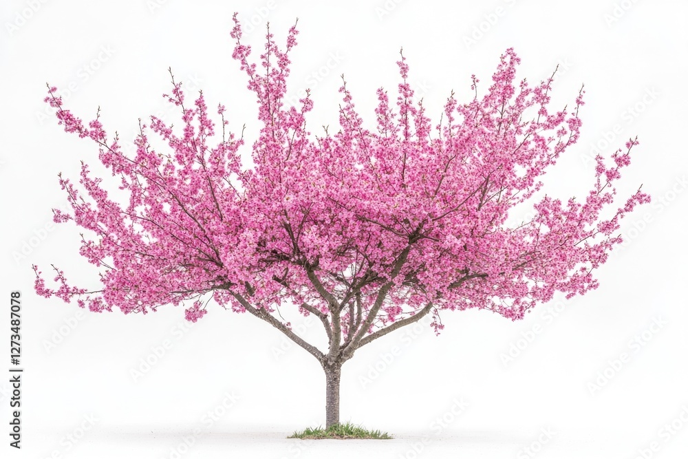 Fototapeta premium A tree with bright pink flowers against a clean white background