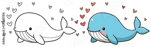 Whale Isolated Line Art Vector Outline Illustration Black and White with Coloring Sample