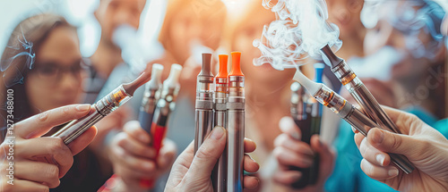 Group of people holding various vape pens outdoors during a summer gathering in the late afternoon light