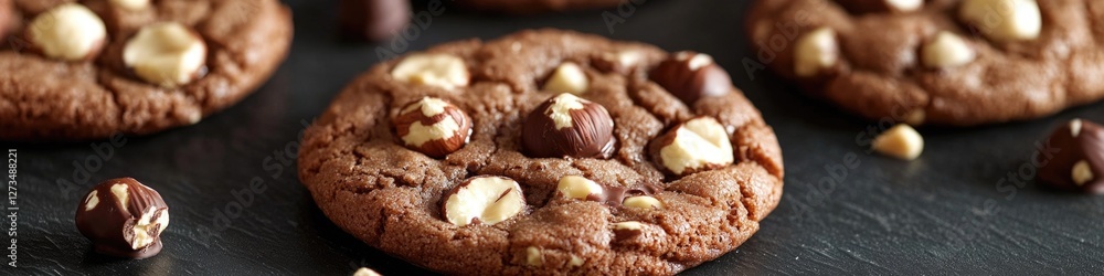 Close-up shot of a cookie with nuts on a table Close-up shot of a cookie with nuts on a table