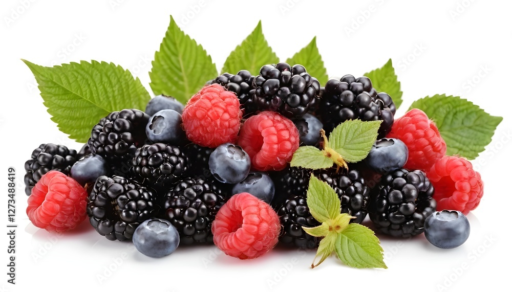 Fresh Mixed Berries with Green Leaves Fresh Mixed Berries with Green Leaves