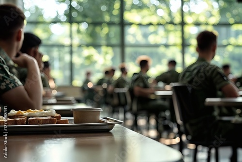 A disciplined military canteen filled with soldiers eating breakfast.
