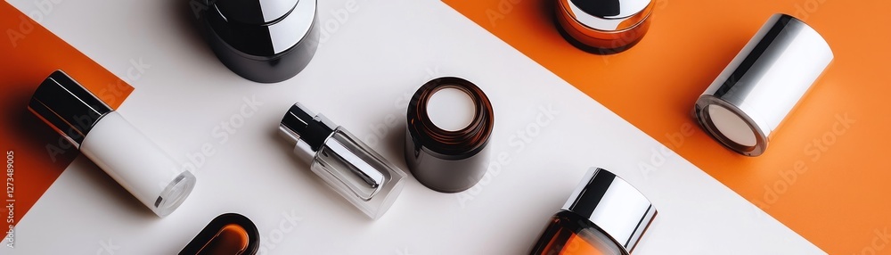 Overhead view of elegant cosmetic containers on a bright surface Overhead view of elegant cosmetic containers on a bright surface
