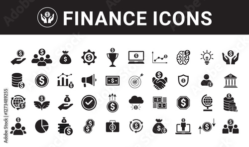 Finance icon set. Containing budget, savings, expense, income, tax, loan, statement, financial management, mortgage and more. Solid vector icons collection.