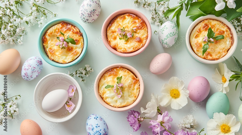 A springtime Easter brunch setup with cheesy baked egg cups in pastel-colored ramekins, surrounded by decorated eggs and fresh flowers A springtime Easter brunch setup with cheesy baked egg cups in pastel-colored ramekins, surrounded by decorated eggs and fresh flowers