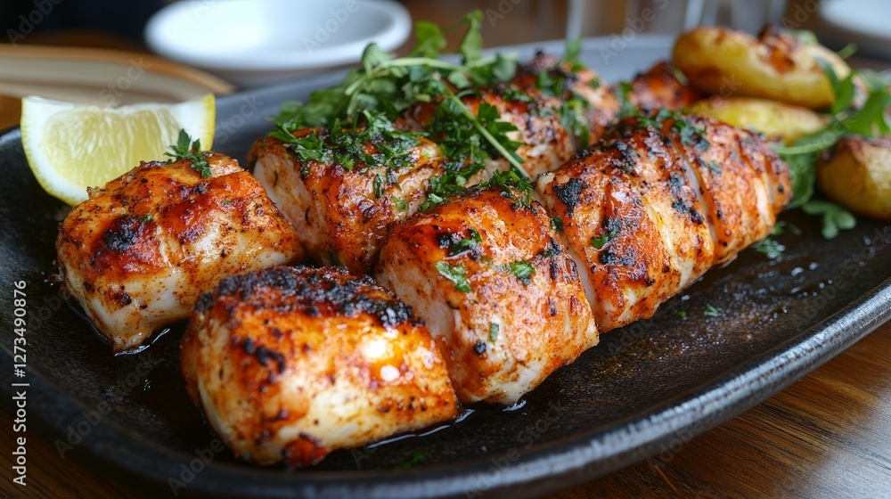 Grilled fish fillets garnished with herbs and lemon, served on a sizzling platter. Grilled fish fillets garnished with herbs and lemon, served on a sizzling platter.