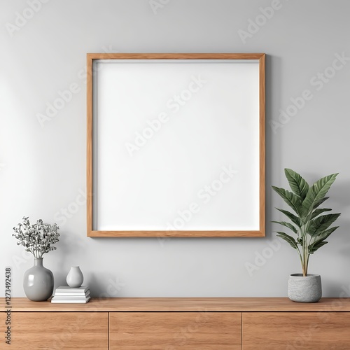Modern Minimalist Home Decor Blank Square Frame Mockup on Wooden Console Table