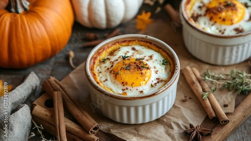 A warm autumn-inspired brunch scene with cheesy baked egg cups in ceramic ramekins, surrounded by seasonal pumpkins and cinnamon sticks