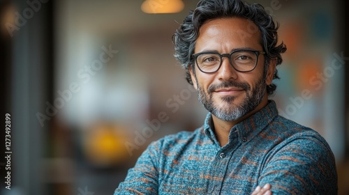 Portrait of a smiling middle-aged man with glasses and arms crossed.