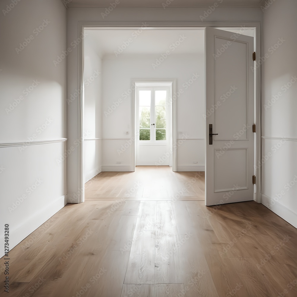 Empty Room with Hardwood Floor and Open Door Empty Room with Hardwood Floor and Open Door